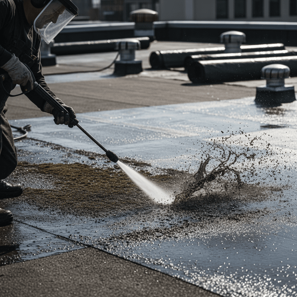 Ouvrier utilisant un jet haute pression pour nettoyer la saleté accumulée sur un toit plat.