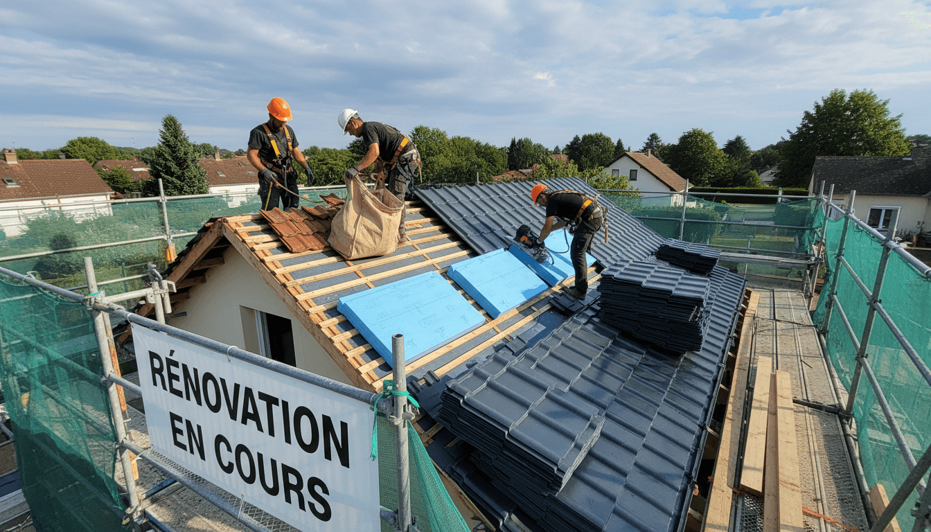 Toiture en rénovation avec ouvriers au travail sur le site.