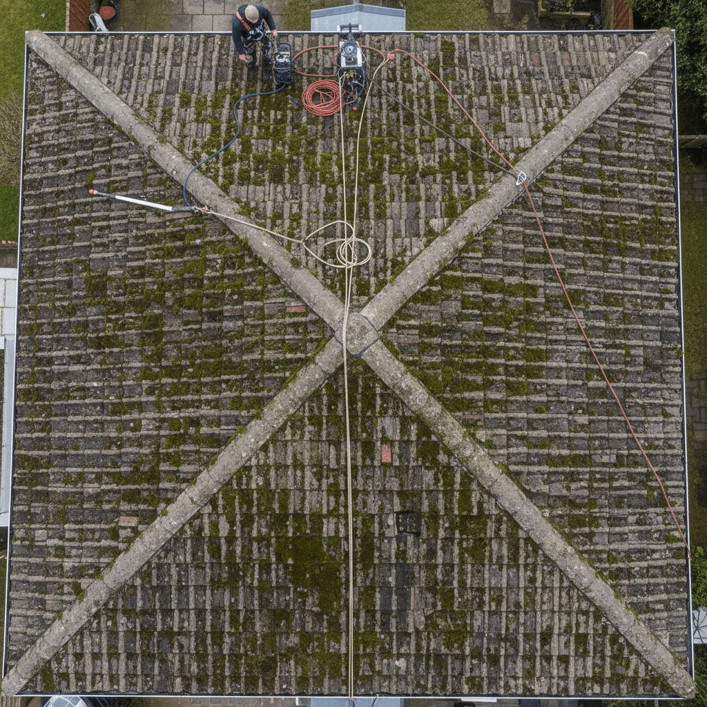 Toiture avant décapage hydrofuge avec mousse et algues