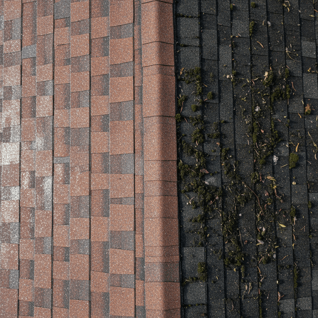 Close-up detail showing cleaned versus uncleaned asphalt roof shingles, highlighting algae and moss removal effectiveness