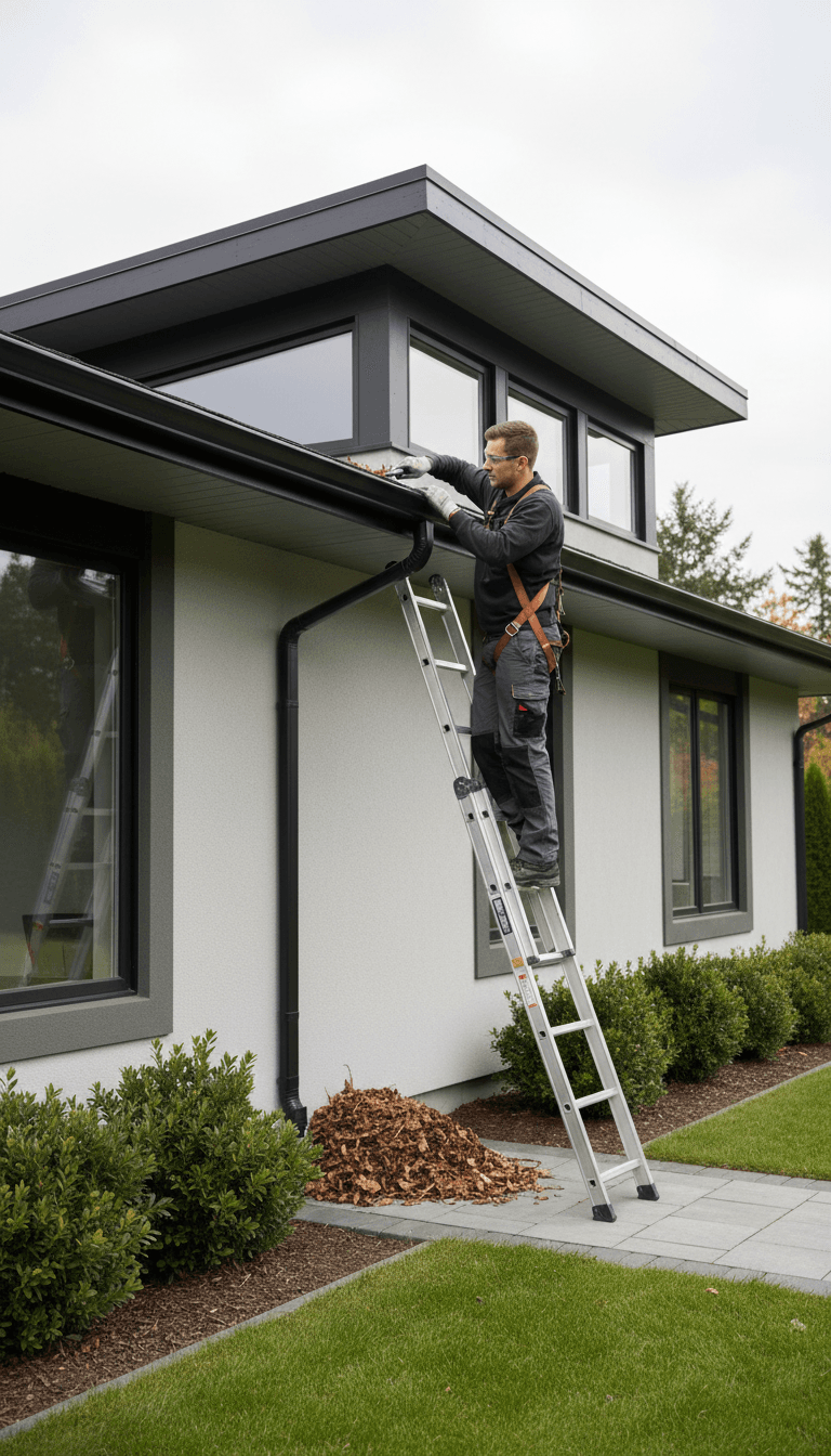 Maintenance professional safely inspecting and cleaning gutters on residential home exterior