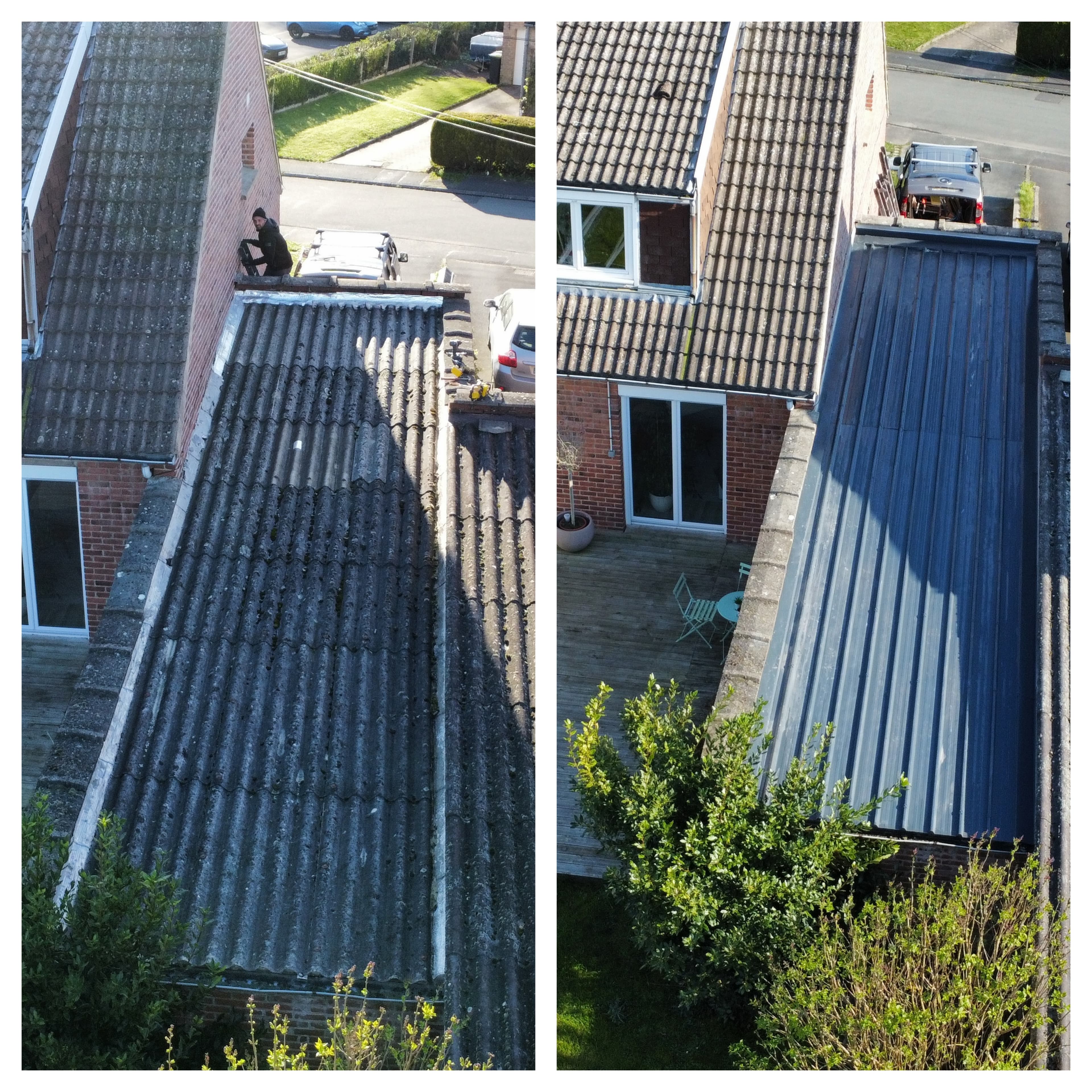 Comparaison avant et après d'un toit ondulé usé remplacé par une toiture métallique neuve.